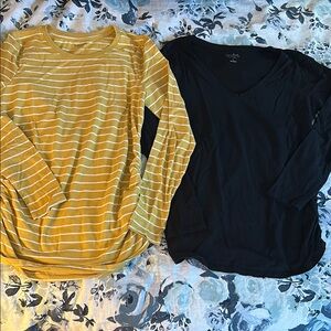 Striped Yellow and Solid Black Long Sleeve Maternity Tops - Sz M